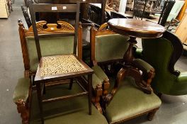 AN EDWARDIAN MAHOGANY SINGLE CHAIR WITH CANE SEAT AND A REPRODUCTION PEDESTAL TABLE (2)