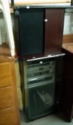 A TOSHIBA STEREO SOUND SYSTEM 'MODEL SL-10' in fitted cabinet with glass door front and a PAIR OF