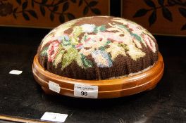 A MODERN MAHOGANY CIRCUALR TAMBOUR FOOTSTOOL, COVERED IN FLORAL WOOLWORK TAPESTRY