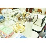 A CUT GLASS CLARET JUG WITH ELECTROPLATED TOP AND AN ANNIVERSARY CLOCK (2)