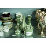 FIVE PIECES OF GREEN AND WHITE WEDGWOOD VIZ, TRINKET BOXES, CANDLE STANDS, VASE