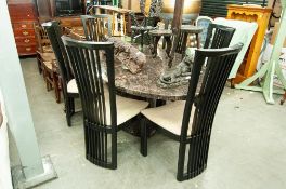 A MODERN DINING ROOM SUITE COMPRISING; SIX TALL BACK BLACK WOOD DINING CHAIRS AND A BLACK VEINED