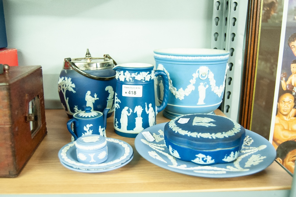 A COLLECTION OF WEDGWOOD BLUE WARES TO INCLUDE; BISCUIT BARREL WITH ELECTROPLATE RIM AND HANDLE,