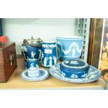 A COLLECTION OF WEDGWOOD BLUE WARES TO INCLUDE; BISCUIT BARREL WITH ELECTROPLATE RIM AND HANDLE,