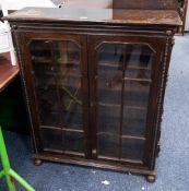 AN EDWARDIAN OAK DISPLAY BOOKCASE, TWO ASTRAGAL GLAZED DOORS ENCLOSING THREE SHELVES, ALL RAISED