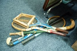 THREE WOODEN TENNIS RACKETS AND TWO WOODEN HOCKEY STICKS (5)