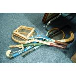 THREE WOODEN TENNIS RACKETS AND TWO WOODEN HOCKEY STICKS (5)