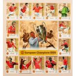 THREE FRAMED AND GLAZED CARDS OF MANCHESTER UNITED PLAYERS, European Champions 1999, The Treble