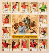 THREE FRAMED AND GLAZED CARDS OF MANCHESTER UNITED PLAYERS, European Champions 1999, The Treble