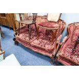 PAIR OF FRENCH STYLE TWO SEATER SETTEES WITH MOULDED AND CARVED WALNUT SHOW WOOD FRAMES AND A