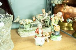 THREE PORCELAIN FIGURE GROUPS TO INCLUDE; A MAN AND CART WITH DONKEY, OLDER MAN WITH WALKING STICK