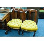 GOOD QUALITY PAIR OF VICTORIAN MAHOGANY DINING CHAIRS, each with shaped back and deep buttoned bow