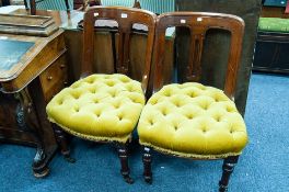 GOOD QUALITY PAIR OF VICTORIAN MAHOGANY DINING CHAIRS, each with shaped back and deep buttoned bow