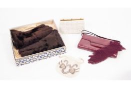 LADY'S BEADWORK DRAW STRING EVENING BAG, boxed (as new), PATENT LEATHER HANDBAG, and gloves; LADY'