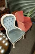 A PAIR OF EDWARDIAN SPOON BACK NURSING CHAIRS, WITH BUTTON BACK OVER PAD SEAT HAVING PINK VELOUR