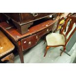 A NINETEENTH CENTURY INLAID MAHOGANY SHALLOW BOW FRONT SIDE TABLE, WITH THREE DRAWERS (A.F.)