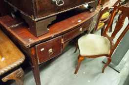 A NINETEENTH CENTURY INLAID MAHOGANY SHALLOW BOW FRONT SIDE TABLE, WITH THREE DRAWERS (A.F.)