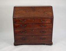 GEORGE III MAHOGANY BUREAU, of typical form with four graduated and cockbeaded drawers, fitted