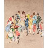 ELIZABETH R. HUNT PASTEL DRAWING ON BUFF PAPER Figures crowding round a jumble sale stall Signed and