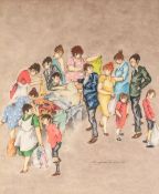 ELIZABETH R. HUNT PASTEL DRAWING ON BUFF PAPER Figures crowding round a jumble sale stall Signed and