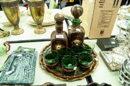 TWO LEATHER ENCLOSED DECANTERS ON MATCHING TRAY WITH SIX MATCHING GLASSES