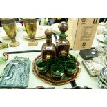 TWO LEATHER ENCLOSED DECANTERS ON MATCHING TRAY WITH SIX MATCHING GLASSES