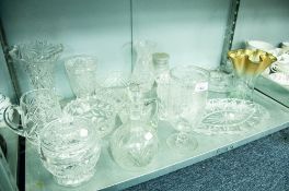 QUANTITY OF GLASS TO INCLUDE; CELERY VASE, GLOBE SHAPED CLARET JUG, BISCUIT BARREL, BOWL, VASES