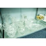 QUANTITY OF GLASS TO INCLUDE; CELERY VASE, GLOBE SHAPED CLARET JUG, BISCUIT BARREL, BOWL, VASES