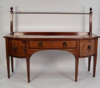 19th CENTURY MAHOGANY BOXWOOD INLAID BOW-FRONT SIDEBOARD with curtain rail, having a centre drawer