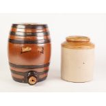 A DOULTON AND CO., (LAMBETH) CROWN GLAZED STONEWARE BARREL SHAPED DISPENSER with cork plugged outlet
