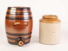 A DOULTON AND CO., (LAMBETH) CROWN GLAZED STONEWARE BARREL SHAPED DISPENSER with cork plugged outlet