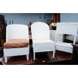 FIVE PIECES OF WHITE PAINTED LLOYD LOOM FURNITURE: TWO CHAIRS, TWO LINEN RECEIVERS AND A WORK TABLE,
