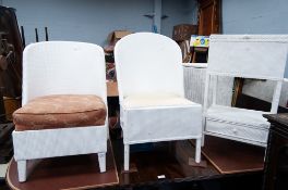 FIVE PIECES OF WHITE PAINTED LLOYD LOOM FURNITURE: TWO CHAIRS, TWO LINEN RECEIVERS AND A WORK TABLE,