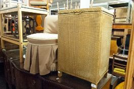 A GOLD LOOM LINEN BASKET AND A BOUDOIR SMALL ARMLESS EASY CHAIR