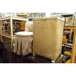 A GOLD LOOM LINEN BASKET AND A BOUDOIR SMALL ARMLESS EASY CHAIR