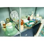 DENBY STONEWARE GREEN WATER JUG AND PLATE, BESWICK DISH, VARIOUS TRINKET BOXES, CLOCKS, BOWLS AND