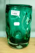 A 1960's GREEN GLASS VASE, OF SHAPED FORM