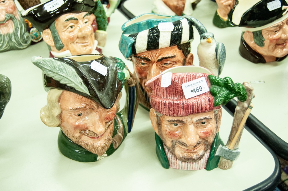 THREE ROYAL DOULTON TOBY JUGS VIZ, LUMBER JACK, ROBIN HOOD, THE FALCONER