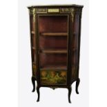 REPRODUCTION FRENCH GILT METAL MOUNTED MAHOGANY AND MARBLE TOPPED VITRINE, the shaped marble top