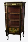 REPRODUCTION FRENCH GILT METAL MOUNTED MAHOGANY AND MARBLE TOPPED VITRINE, the shaped marble top