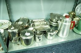 METALWARES TO INCLUDE; SWAN BRAND COFFEE POT, HOTEL PLATE, TOAST RACKS, TRAYS. ETC...