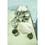 AN OLD HALL STAINLESS STEEL TEA AND COFFEE SET, TRAY, PEWTER BEAKER ETC,...