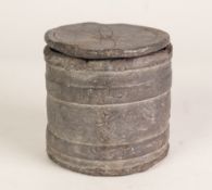 AN AGED LEAD TOBACCO CONTAINER with cover