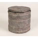 AN AGED LEAD TOBACCO CONTAINER with cover
