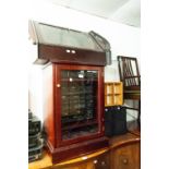A REPRODUCTION MAHOGANY CORNER DISPLAY UNIT WITH ARCHED GLAZED DOOR AND MATCHING CABINET WITH SONY