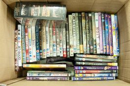 ONE BOX OF VARIOUS DVD's, BOXED SET OF THE 'MAGNIFICENT SEVEN' AND 41 OTHERS