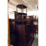 A MAHOGANY CUPBOARD WITH LIFT-UP LID, A MAHOGANY STEREO STAND WITH RECORD STORAGE AND SLIDING DOOR