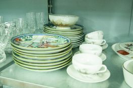 18 ORIENTAL WALL PLATES, FOUR CHINA CUPS AND SAUCERS AND A BOWL (27)