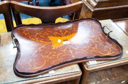 A VICTORIAN MAHOGANY AND MARQUETRY SHAPED BUTLER'S TRAY WITH SCOLLOPED GALLERY EDGE, SCROLL INLAY