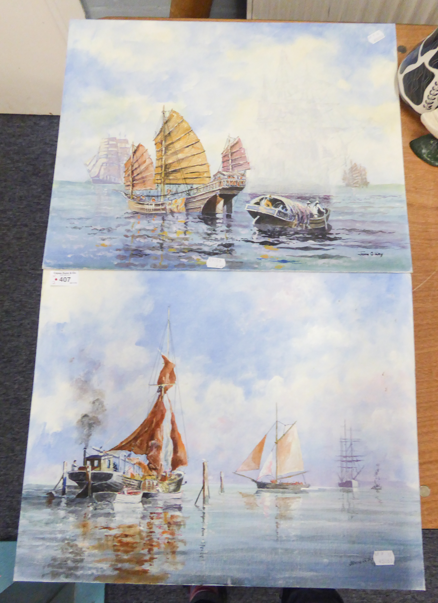 TWO OIL PAINTINGS ON BOARD BY JOHN G. KAY CHINESE JUNK AND FISHING BOATS (2)